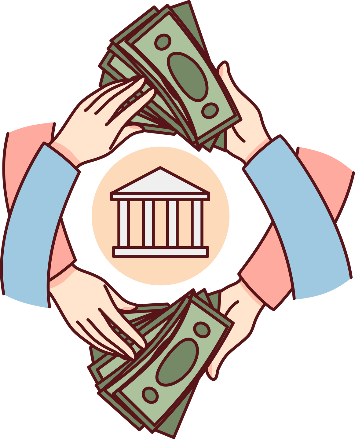 People transferring banknotes through bank
